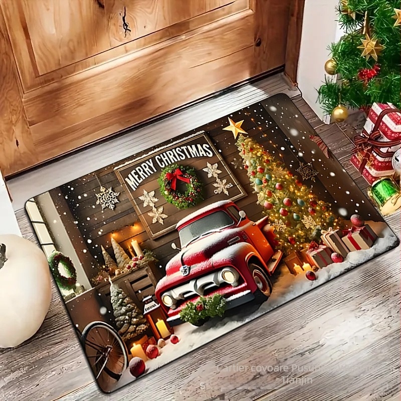 Covoraș de ușă — fibră de poliester, imprimare, formă pătrată, model curcubeu, lavabil la mașină