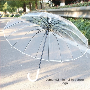 Umbrelă cu mâner lung, 16 spițe, deschidere automată, pânză transparentă din PVC, tijă dreaptă, imprimare logo și personalizare