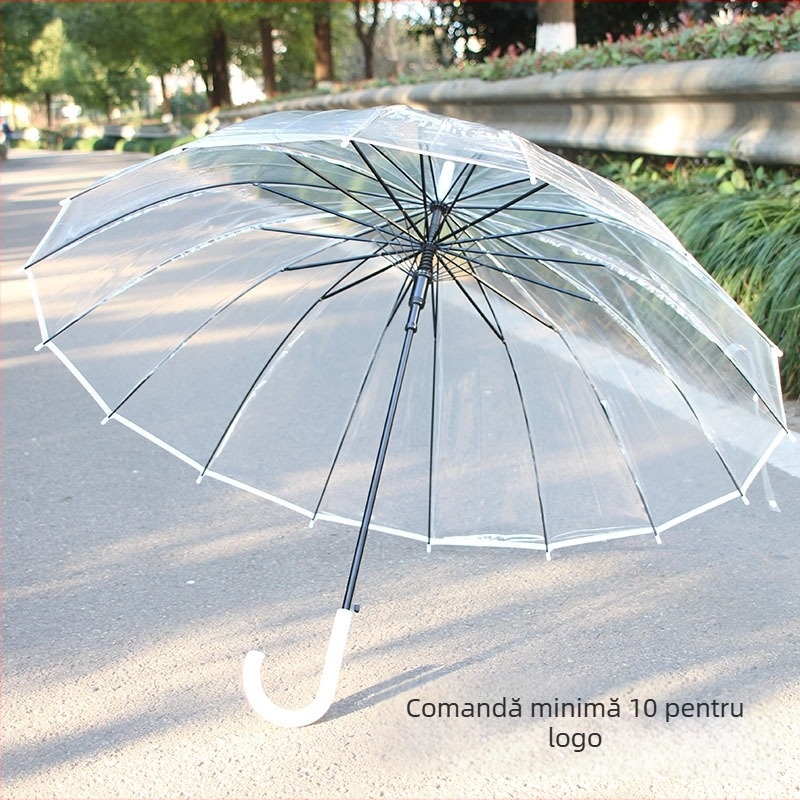 Umbrelă cu mâner lung, 16 spițe, deschidere automată, pânză transparentă din PVC, tijă dreaptă, imprimare logo și personalizare