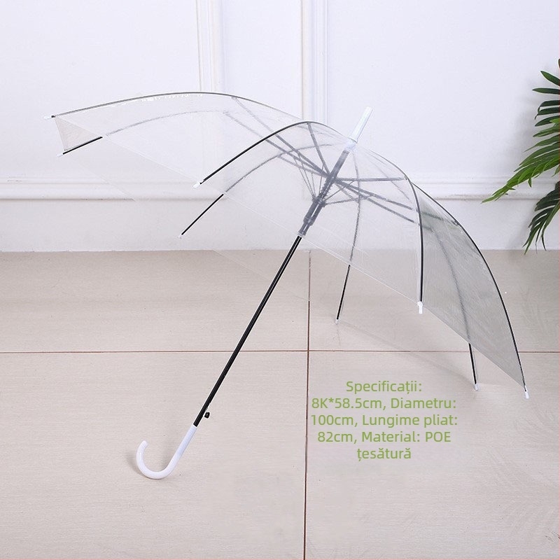Umbrelă cu mâner lung, 16 spițe, deschidere automată, pânză transparentă din PVC, tijă dreaptă, imprimare logo și personalizare