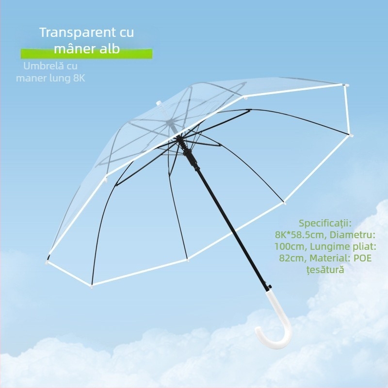 Umbrelă cu mâner lung, 16 spițe, deschidere automată, pânză transparentă din PVC, tijă dreaptă, imprimare logo și personalizare