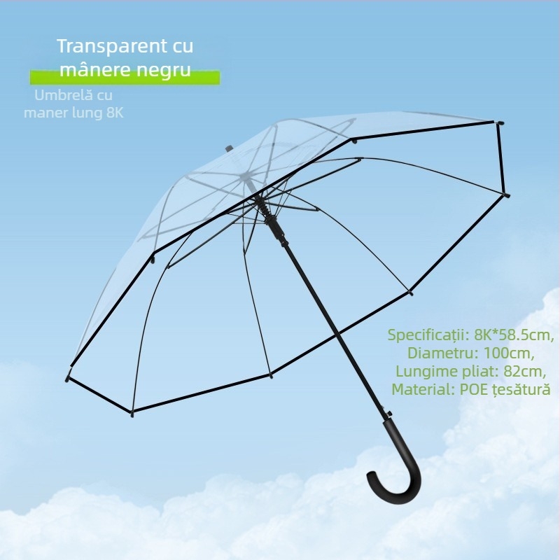 Umbrelă cu mâner lung, 16 spițe, deschidere automată, pânză transparentă din PVC, tijă dreaptă, imprimare logo și personalizare