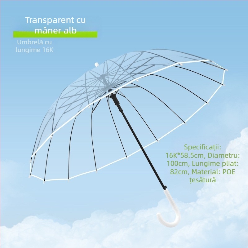 Umbrelă cu mâner lung, 16 spițe, deschidere automată, pânză transparentă din PVC, tijă dreaptă, imprimare logo și personalizare