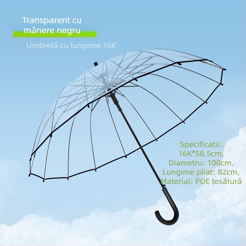 Umbrelă cu mâner lung, 16 spițe, deschidere automată, pânză transparentă din PVC, tijă dreaptă, imprimare logo și personalizare
