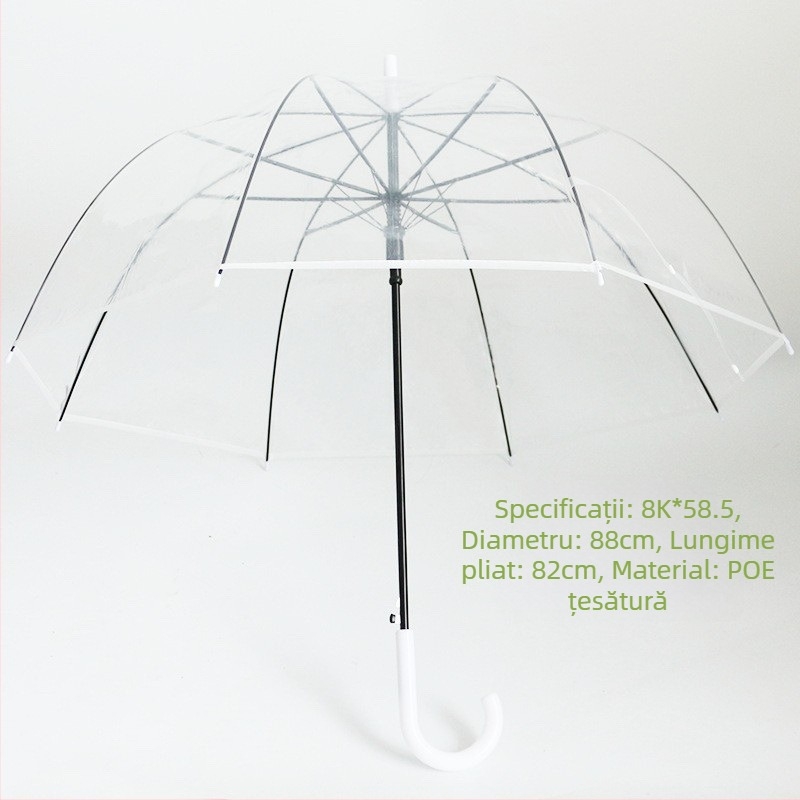 Umbrelă cu mâner lung, 16 spițe, deschidere automată, pânză transparentă din PVC, tijă dreaptă, imprimare logo și personalizare