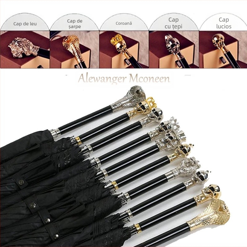 Umbrelă cu mâner lung, stil retro, cu 8 brațe, deschidere automată, țesătură 210T, rame din fibră, imprimare logo disponibil