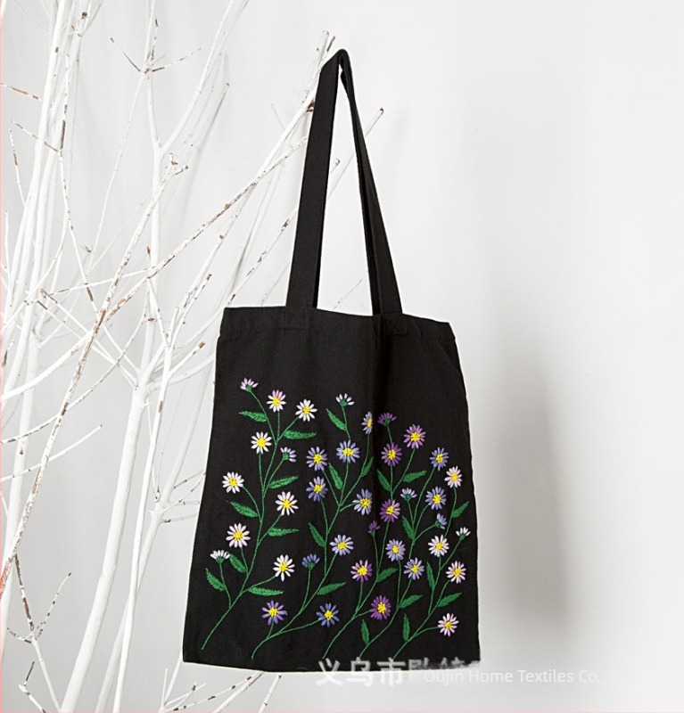 Kit sashiko de broderie – geantă din pânză de bumbac, model cu flori, kit de broderie cross-stitch, tip de broderie: alte tipuri