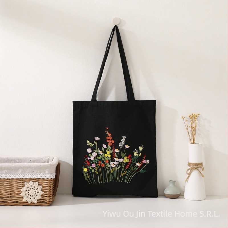 Kit sashiko de broderie – geantă din pânză de bumbac, model cu flori, kit de broderie cross-stitch, tip de broderie: alte tipuri