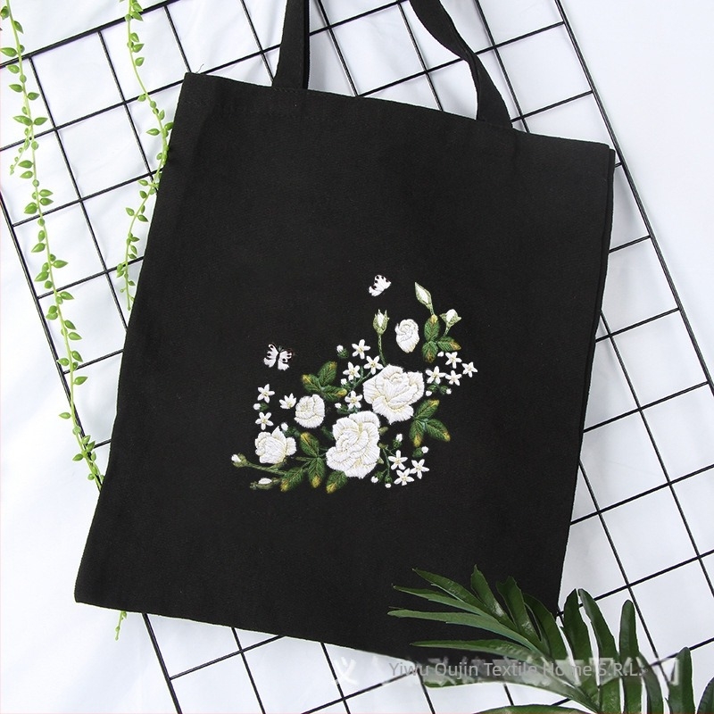 Kit sashiko de broderie – geantă din pânză de bumbac, model cu flori, kit de broderie cross-stitch, tip de broderie: alte tipuri