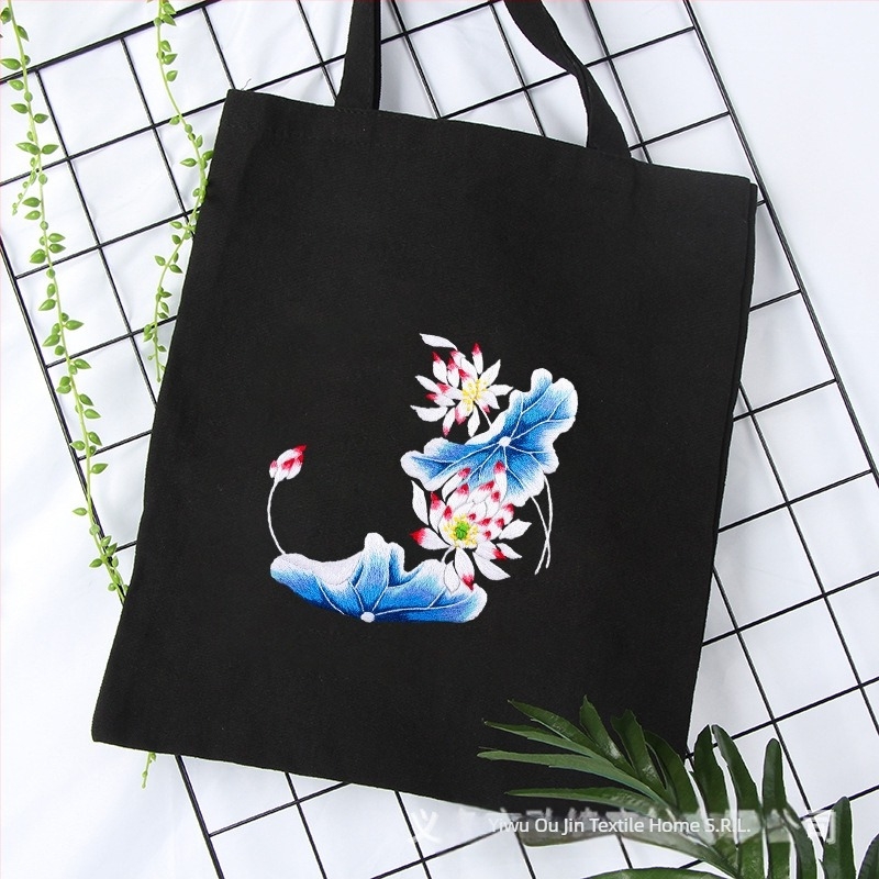 Kit sashiko de broderie – geantă din pânză de bumbac, model cu flori, kit de broderie cross-stitch, tip de broderie: alte tipuri