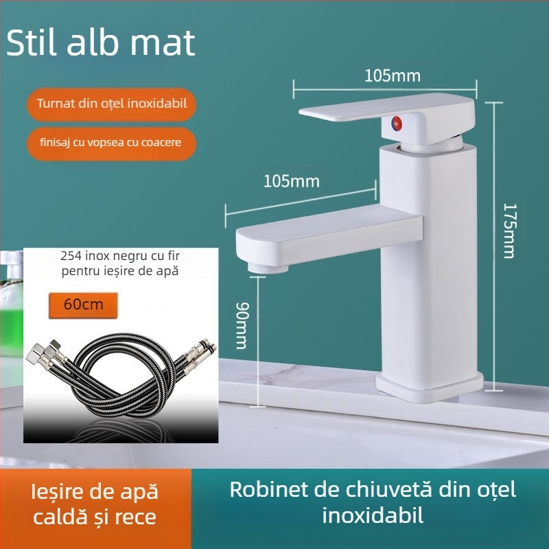 Robinet lavoar, design pătrat, monocomandă, din oțel inoxidabil, SF-02, cartuș ceramic, 0–99°C