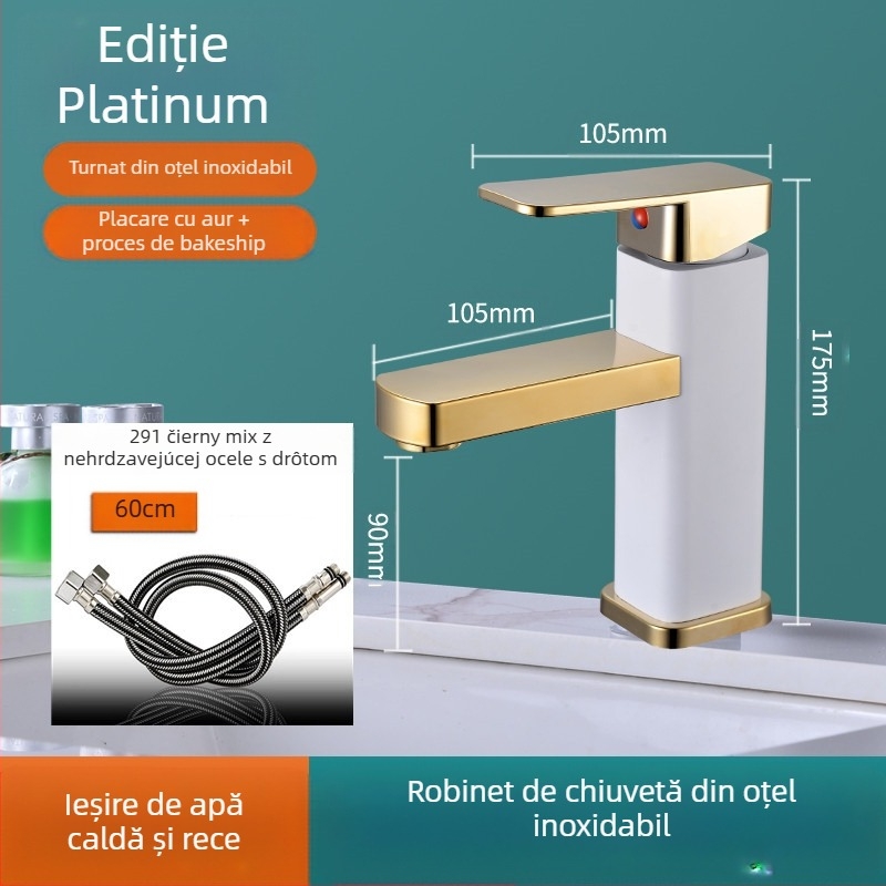 Robinet lavoar, design pătrat, monocomandă, din oțel inoxidabil, SF-02, cartuș ceramic, 0–99°C