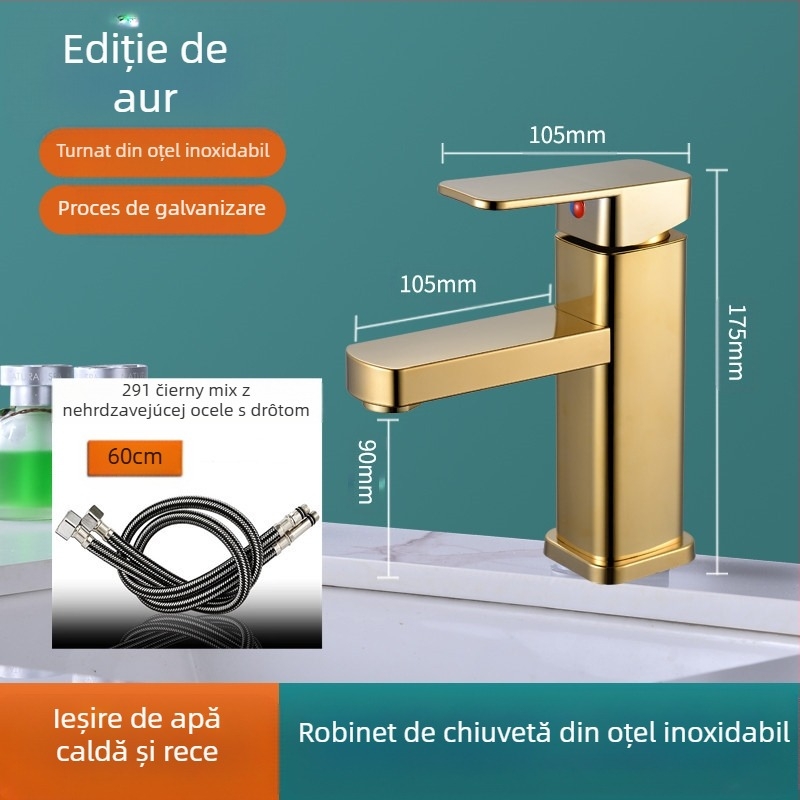 Robinet lavoar, design pătrat, monocomandă, din oțel inoxidabil, SF-02, cartuș ceramic, 0–99°C