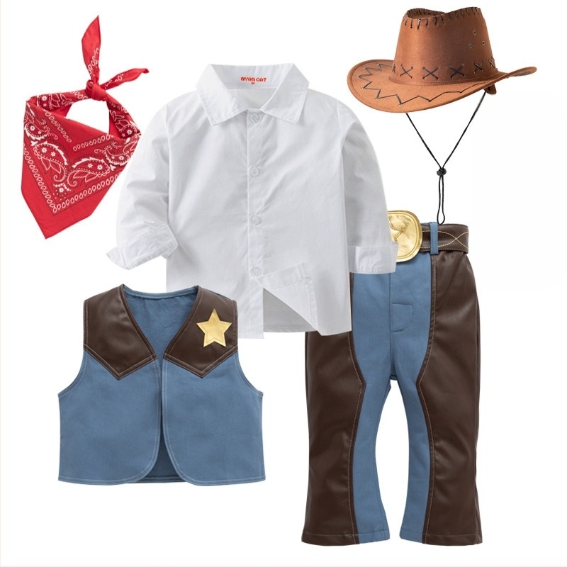 Costum de cowboy western pentru copii pentru joacă – set din 4 piese, bumbac 95%, glugă detașabilă, fără mâneci, pentru băieți 3–8 ani (100–140 cm)
