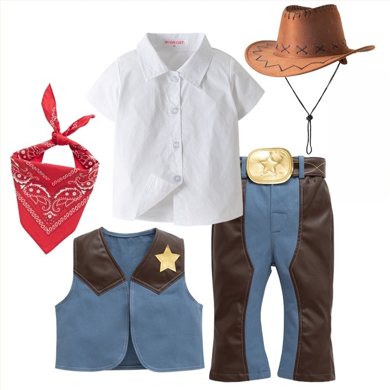 Costum de cowboy western pentru copii pentru joacă – set din 4 piese, bumbac 95%, glugă detașabilă, fără mâneci, pentru băieți 3–8 ani (100–140 cm)