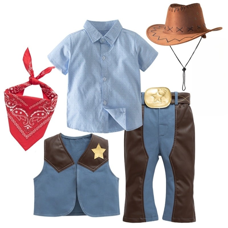 Costum de cowboy western pentru copii pentru joacă – set din 4 piese, bumbac 95%, glugă detașabilă, fără mâneci, pentru băieți 3–8 ani (100–140 cm)