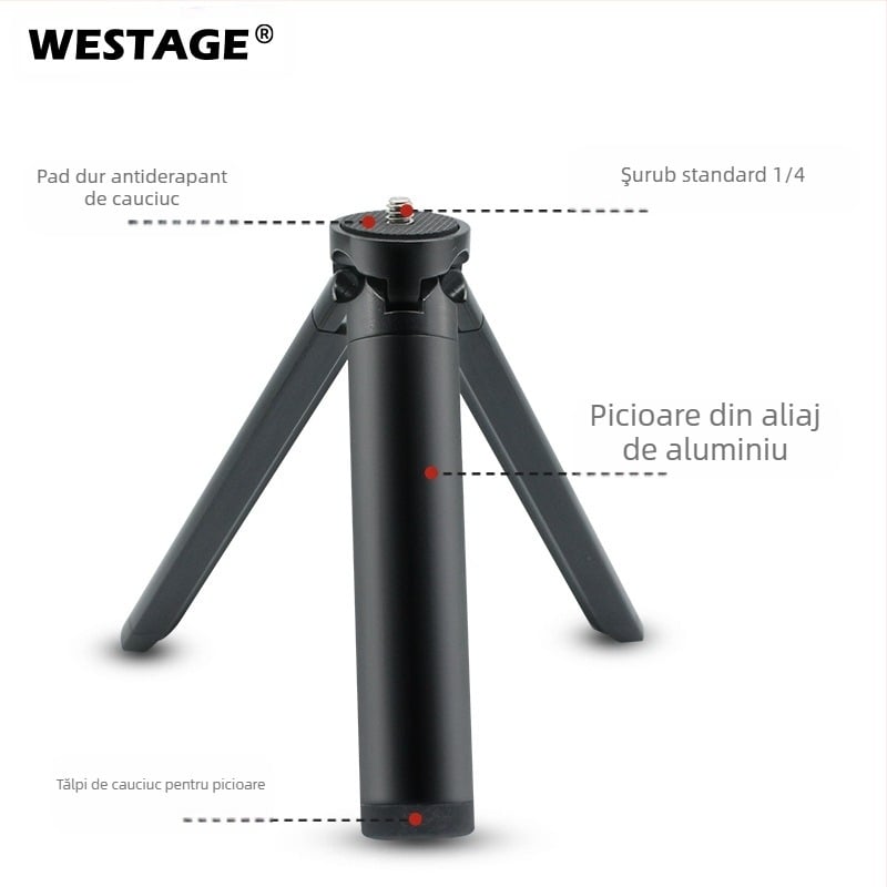 Trepied de birou pentru telefoane mobile și camere DSLR; aliaj de aluminiu; încărcare 2–5 kg; fără gimbal