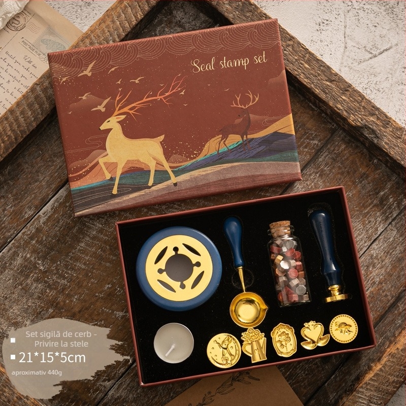 Autonomy Set de sigilii cu ceară, mâner din lemn — motiv cerb retro, stil modern minimalist, potrivit pentru cadouri de afaceri, fără licență IP