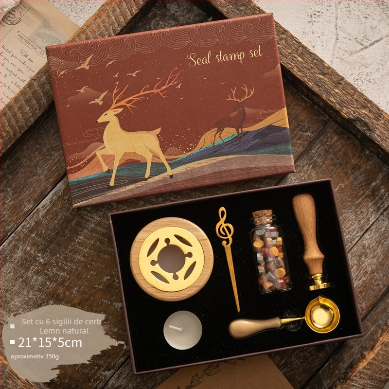 Autonomy Set de sigilii cu ceară, mâner din lemn — motiv cerb retro, stil modern minimalist, potrivit pentru cadouri de afaceri, fără licență IP