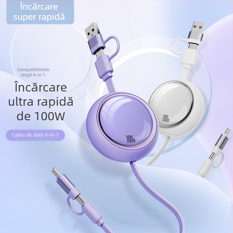 Cablu de date telescopic 3 în 1, încărcare rapidă de 100W, Lightning, Micro USB și USB-C, lungime reglabilă de la 1 m la 2 m