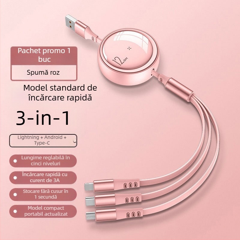 Cablu de date telescopic 3 în 1, încărcare rapidă de 100W, Lightning, Micro USB și USB-C, lungime reglabilă de la 1 m la 2 m