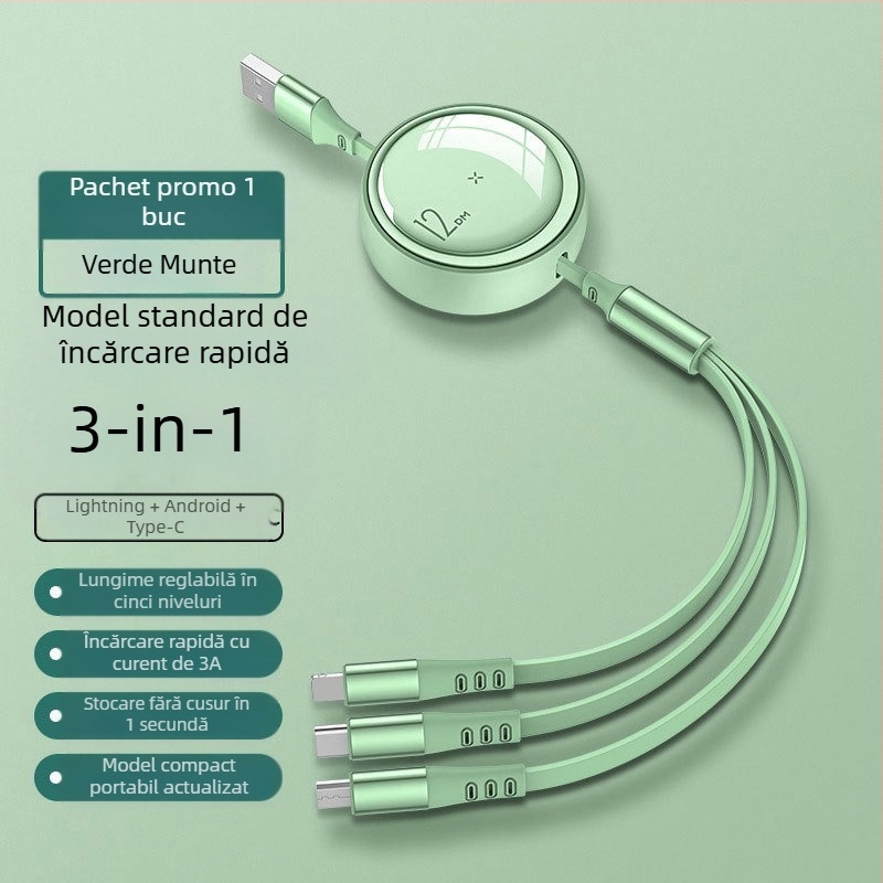 Cablu de date telescopic 3 în 1, încărcare rapidă de 100W, Lightning, Micro USB și USB-C, lungime reglabilă de la 1 m la 2 m
