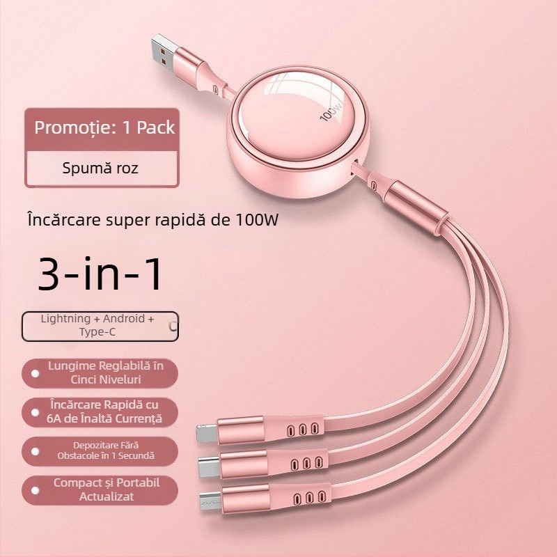 Cablu de date telescopic 3 în 1, încărcare rapidă de 100W, Lightning, Micro USB și USB-C, lungime reglabilă de la 1 m la 2 m