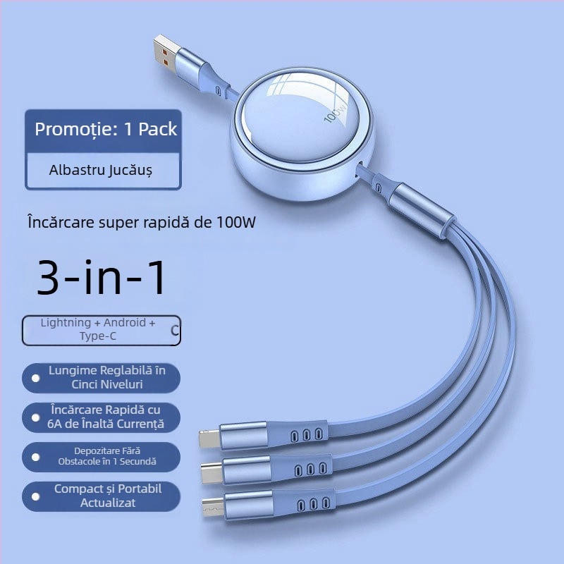 Cablu de date telescopic 3 în 1, încărcare rapidă de 100W, Lightning, Micro USB și USB-C, lungime reglabilă de la 1 m la 2 m