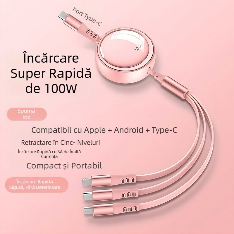 Cablu de date telescopic 3 în 1, încărcare rapidă de 100W, Lightning, Micro USB și USB-C, lungime reglabilă de la 1 m la 2 m