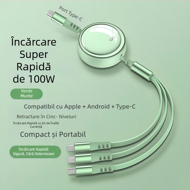 Cablu de date telescopic 3 în 1, încărcare rapidă de 100W, Lightning, Micro USB și USB-C, lungime reglabilă de la 1 m la 2 m
