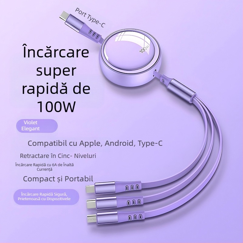 Cablu de date telescopic 3 în 1, încărcare rapidă de 100W, Lightning, Micro USB și USB-C, lungime reglabilă de la 1 m la 2 m