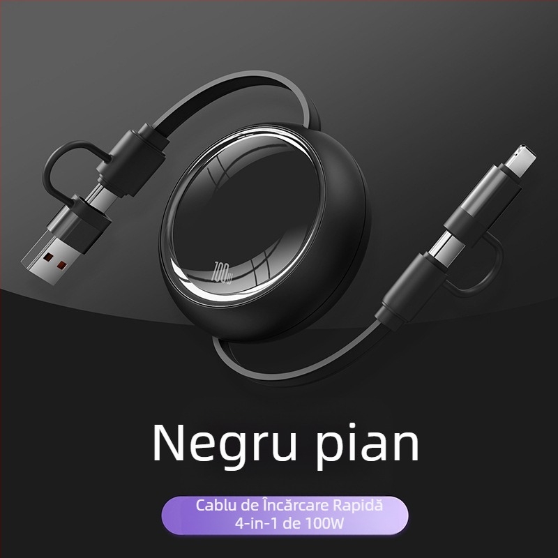 Cablu de date telescopic 3 în 1, încărcare rapidă de 100W, Lightning, Micro USB și USB-C, lungime reglabilă de la 1 m la 2 m