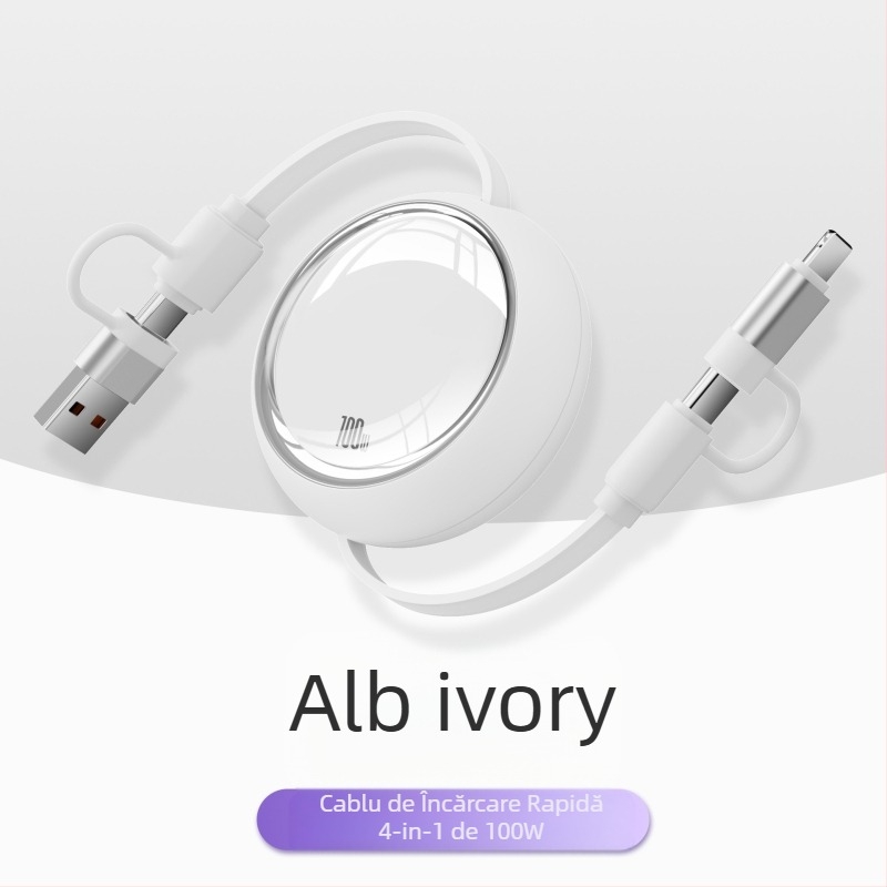 Cablu de date telescopic 3 în 1, încărcare rapidă de 100W, Lightning, Micro USB și USB-C, lungime reglabilă de la 1 m la 2 m