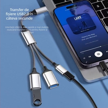 Hub USB-C cu 3 porți OTG, USB 2.0, nucleu din cupru, 28 cm lungime