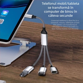 Hub USB-C cu 3 porți OTG, USB 2.0, nucleu din cupru, 28 cm lungime