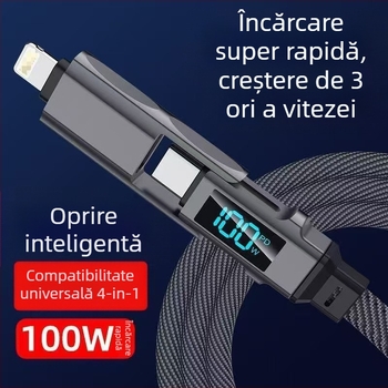Cablu USB-C și Lightning cu afișaj digital, 4 în 1, 65W, aliaj de zinc, ieșiri duale