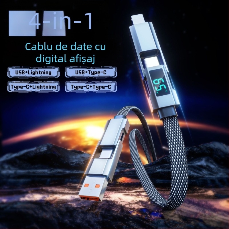 Cablu USB-C și Lightning cu afișaj digital, 4 în 1, 65W, aliaj de zinc, ieșiri duale