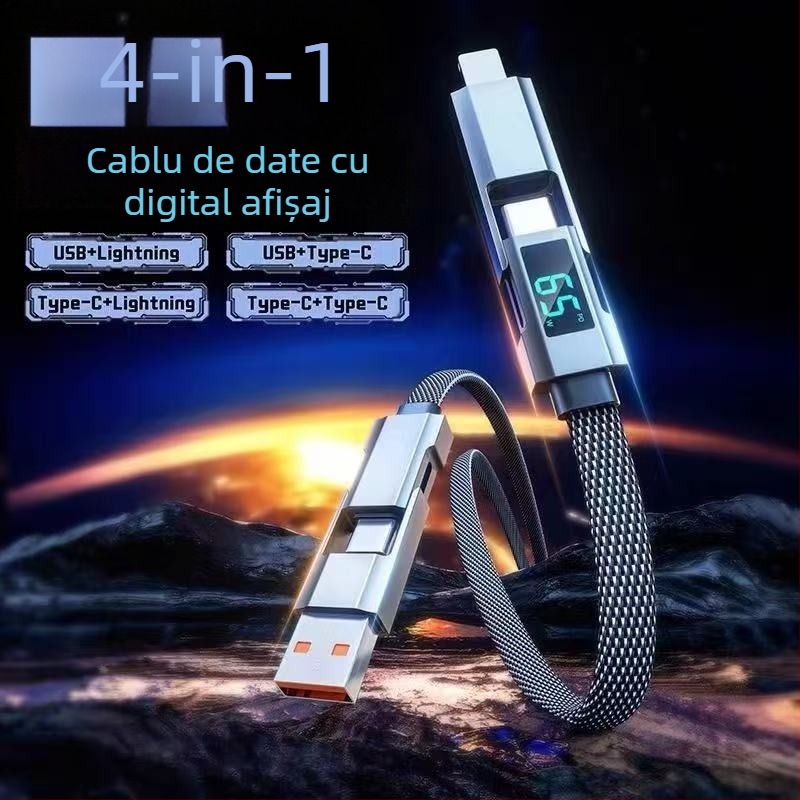 Cablu USB-C și Lightning cu afișaj digital, 4 în 1, 65W, aliaj de zinc, ieșiri duale