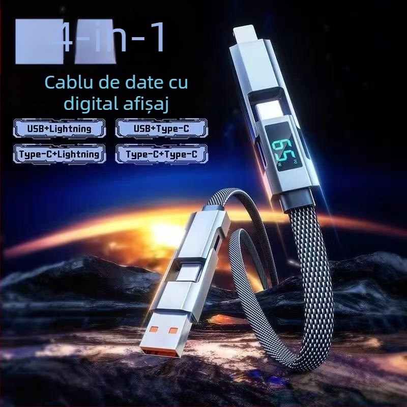 Cablu USB-C și Lightning cu afișaj digital, 4 în 1, 65W, aliaj de zinc, ieșiri duale