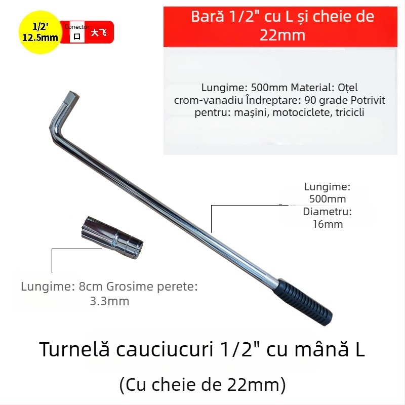 Set de chei cu socuri, tip L, pentru anvelope, din oțel crom-vanadiu