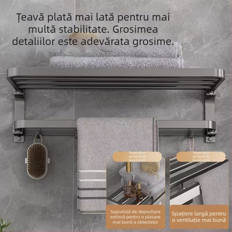 Raft pentru prosoape din Space aluminiu, montaj fără găuri, pe perete, 2 niveluri, încărcătură peste 15 kg, model 2023 nou îmbunătățit, pliere dublă, finisaj cu pulverizare plastică
