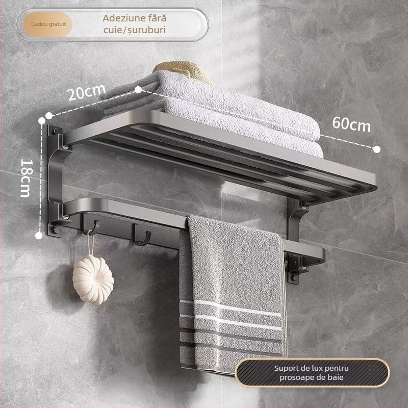 Raft pentru prosoape din Space aluminiu, montaj fără găuri, pe perete, 2 niveluri, încărcătură peste 15 kg, model 2023 nou îmbunătățit, pliere dublă, finisaj cu pulverizare plastică