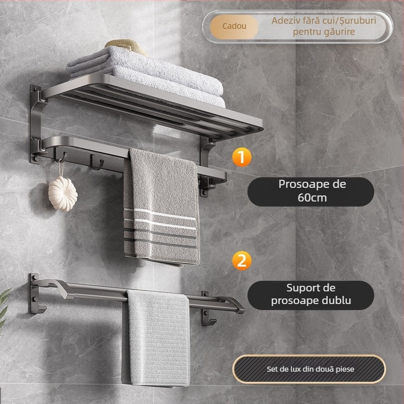Raft pentru prosoape din Space aluminiu, montaj fără găuri, pe perete, 2 niveluri, încărcătură peste 15 kg, model 2023 nou îmbunătățit, pliere dublă, finisaj cu pulverizare plastică