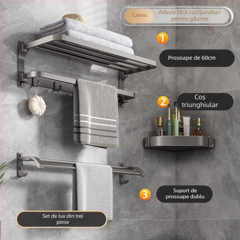 Raft pentru prosoape din Space aluminiu, montaj fără găuri, pe perete, 2 niveluri, încărcătură peste 15 kg, model 2023 nou îmbunătățit, pliere dublă, finisaj cu pulverizare plastică