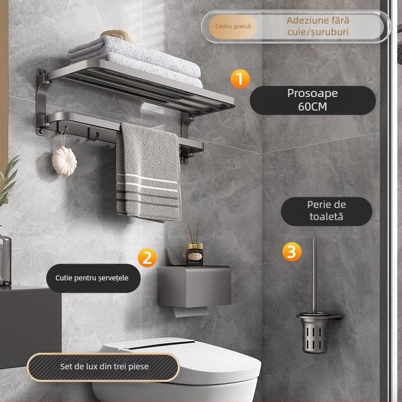 Raft pentru prosoape din Space aluminiu, montaj fără găuri, pe perete, 2 niveluri, încărcătură peste 15 kg, model 2023 nou îmbunătățit, pliere dublă, finisaj cu pulverizare plastică