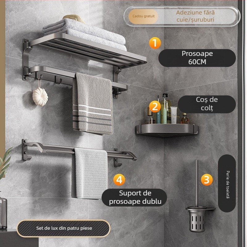 Raft pentru prosoape din Space aluminiu, montaj fără găuri, pe perete, 2 niveluri, încărcătură peste 15 kg, model 2023 nou îmbunătățit, pliere dublă, finisaj cu pulverizare plastică