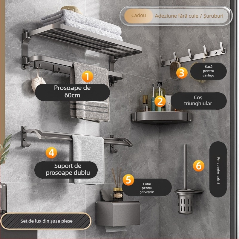 Raft pentru prosoape din Space aluminiu, montaj fără găuri, pe perete, 2 niveluri, încărcătură peste 15 kg, model 2023 nou îmbunătățit, pliere dublă, finisaj cu pulverizare plastică