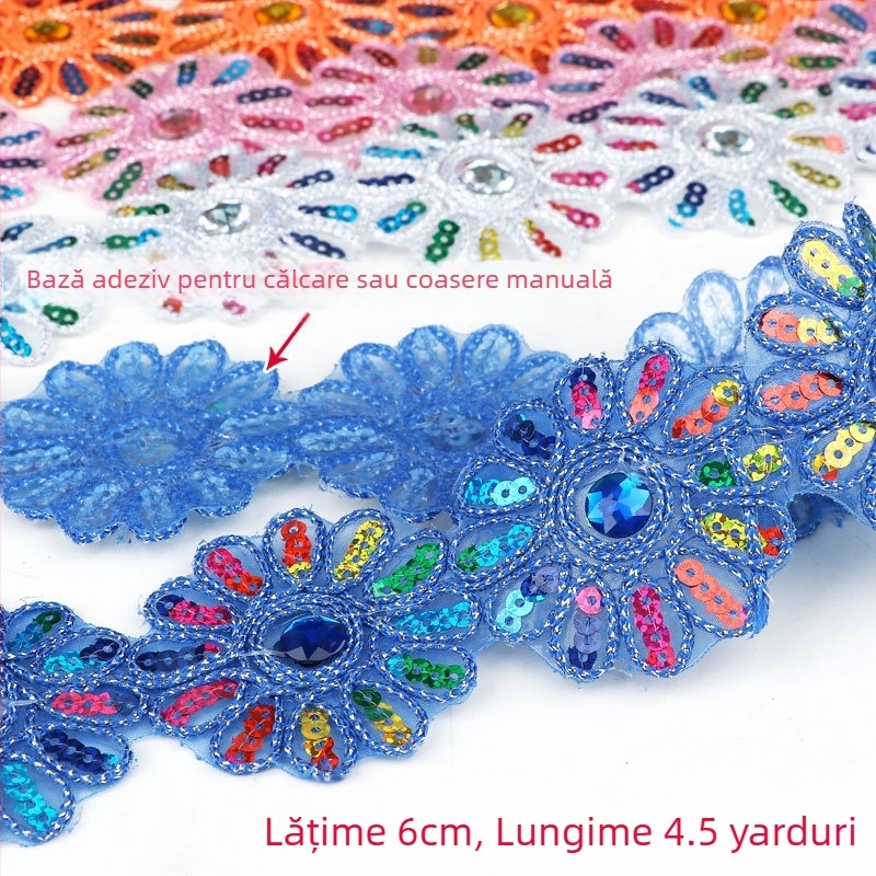 Dantelă cu paiete triunghiulare pentru haine și accesorii, broderie manuală cu mărgele pe bandă țesută