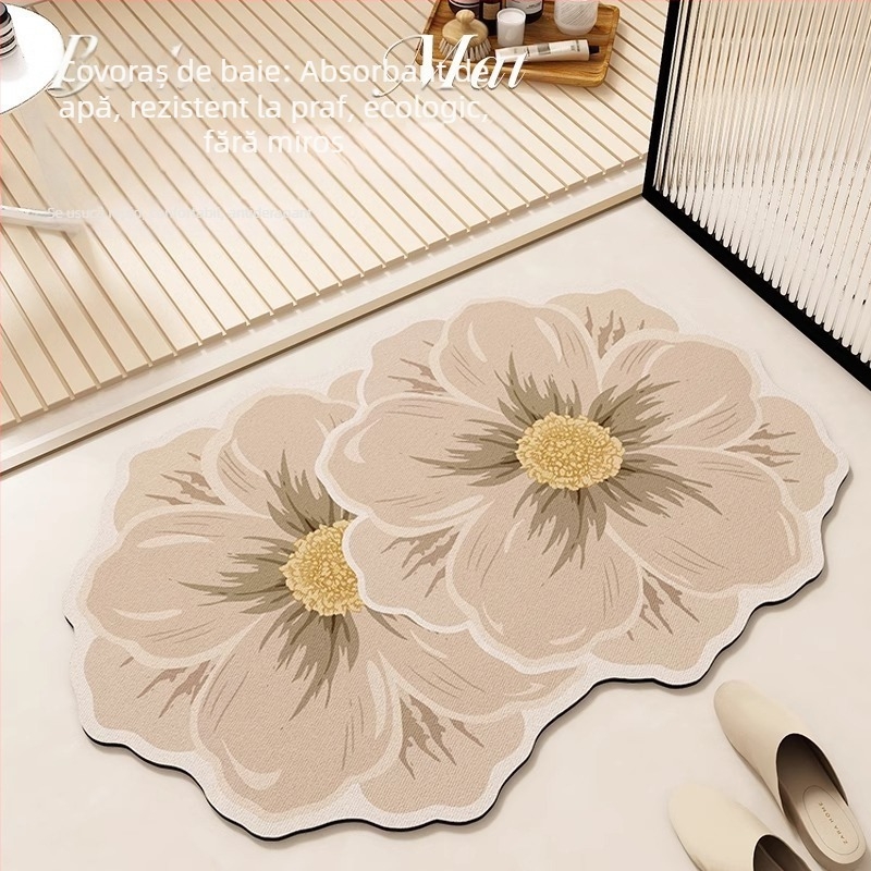 Covoraș de baie pentru podea, cu model floral, absorbant de apă, antiderapant, uscare rapidă — cauciuc | imprimare | formă pătrată | dungi