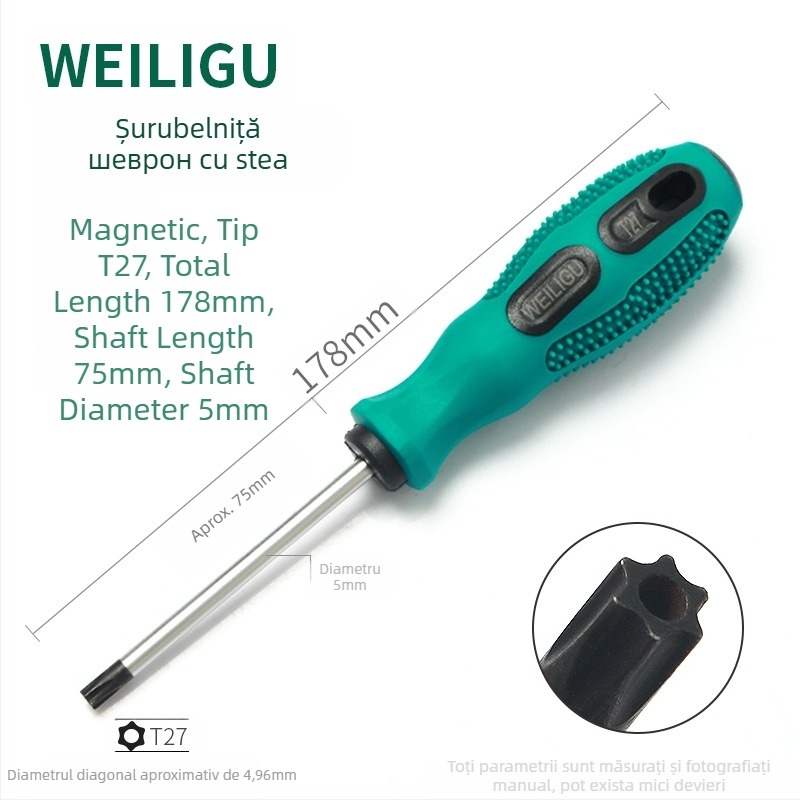 Set de biti pentru șurubelniță cu vârf magnetic – Torx (T5, T8, T27, T30) și biți hex, oțel carbon